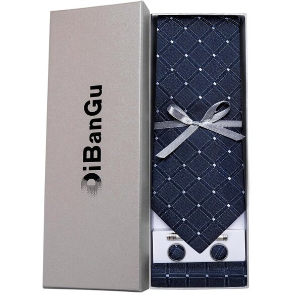 🆕Men Black Plaid Silk Checkered Necktie Pocket Square Cufflinks Tie Clip Set - Picture 3 of 6